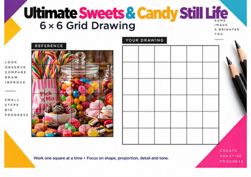 Sweets & Candy Still Life Grid Drawing Worksheet | Observational Art | KS3 KS4