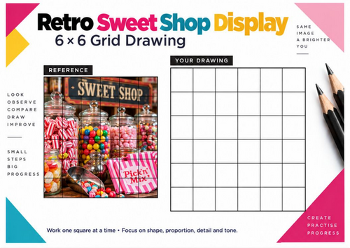 Retro Sweet Shop Grid Drawing Worksheet | Still Life & Observational Drawing | KS3 KS4