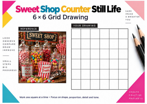 Sweet Shop Counter Still Life Grid Drawing Worksheet | KS3 KS4 Art | 6x6 Grid