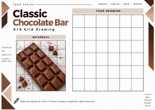 Classic Chocolate Bar Grid Drawing Worksheet | 6x6 Art Activity | KS3 KS4