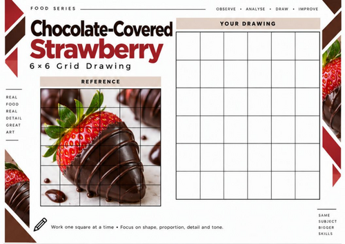 Chocolate-Covered Strawberry Grid Drawing Worksheet | 6x6 Art Activity | KS3 KS4