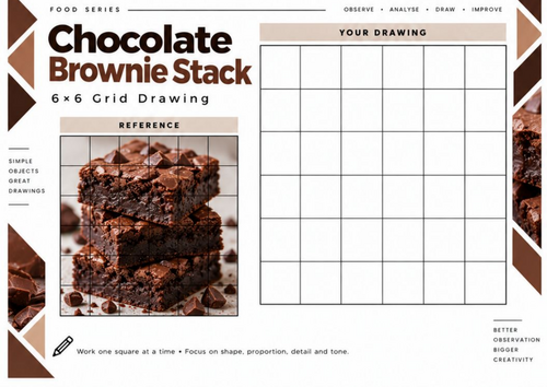Chocolate Brownie Stack Grid Drawing Worksheet | 6x6 Art Activity | KS3 KS4