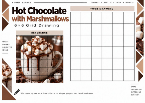 Hot Chocolate with Marshmallows Grid Drawing Worksheet | 6x6 Art Activity | KS3 KS4