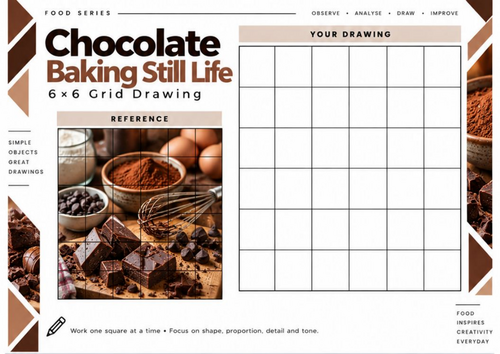 Chocolate Baking Still Life Grid Drawing Worksheet | 6x6 Art Activity | KS3 KS4