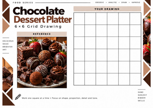 Chocolate Dessert Platter Grid Drawing Worksheet | 6x6 Art Activity | KS3 KS4