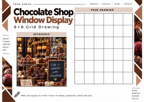 Chocolate Shop Window Display Grid Drawing Worksheet | 6x6 Art Activity | KS3 KS4