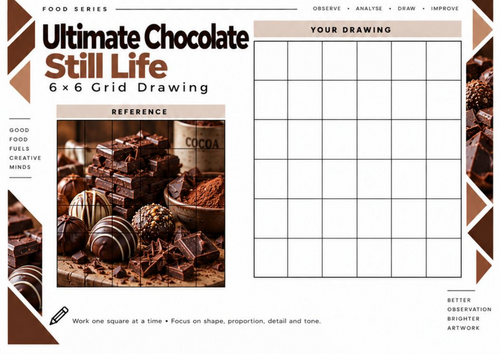 Ultimate Chocolate Still Life Grid Drawing Worksheet | 6x6 Art Activity | KS3 KS4
