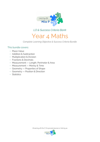 Year 4 Maths LO/SC Bank