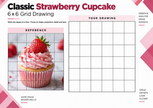 Classic Strawberry Cupcake | 6x6 Grid Drawing Worksheet | KS3 KS4 Art