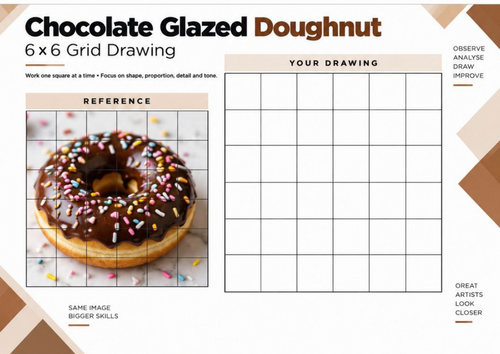 Chocolate Glazed Doughnut | 6x6 Grid Drawing Worksheet | KS3 KS4 Art