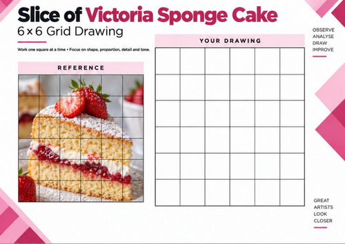 Slice of Victoria Sponge Cake | 6x6 Grid Drawing Worksheet | KS3 KS4 Art