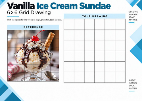 Vanilla Ice Cream Sundae | 6x6 Grid Drawing Worksheet | KS3 KS4 Art