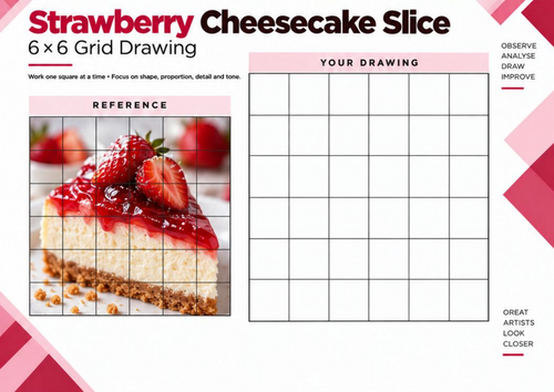 Strawberry Cheesecake Slice | 6x6 Grid Drawing Worksheet | KS3 KS4 Art