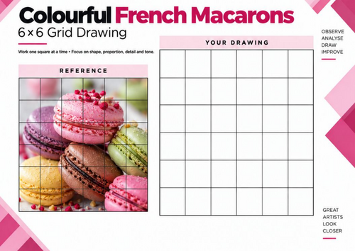 Colourful French Macarons | 6x6 Grid Drawing Worksheet | KS3 KS4 Art