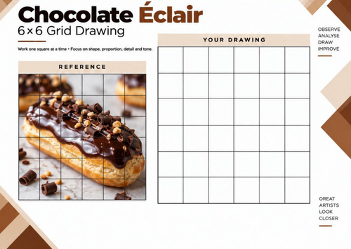 Chocolate Éclair | 6x6 Grid Drawing Worksheet | KS3 KS4 Art