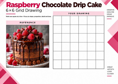 Raspberry Chocolate Drip Cake | 6x6 Grid Drawing Worksheet | KS3 KS4 Art