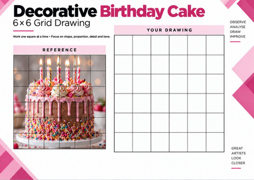 Decorative Birthday Cake | 6x6 Grid Drawing Worksheet | KS3 KS4 Art