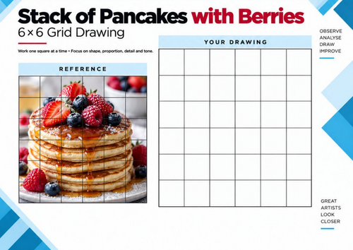 Stack of Pancakes with Berries | 6x6 Grid Drawing Worksheet | KS3 KS4 Art