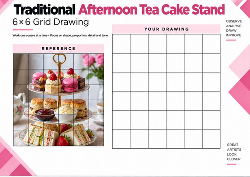 Traditional Afternoon Tea Cake Stand | 6x6 Grid Drawing Worksheet | KS3 KS4 Art