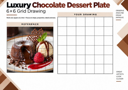Luxury Chocolate Dessert Plate | 6x6 Grid Drawing Worksheet | KS3 KS4 Art