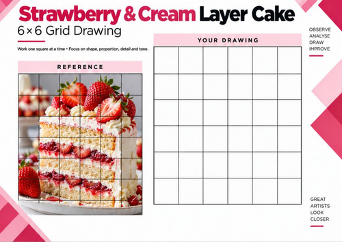 Strawberry & Cream Layer Cake | 6x6 Grid Drawing Worksheet | KS3 KS4 Art