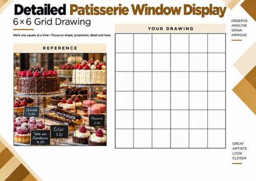 Detailed Patisserie Window Display | 6x6 Grid Drawing Worksheet | KS3 KS4 Art
