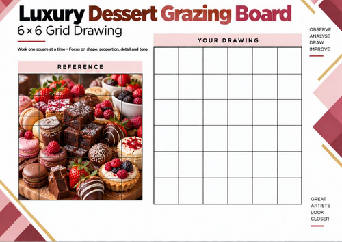 Luxury Dessert Grazing Board | 6x6 Grid Drawing Worksheet | KS3 KS4 Art