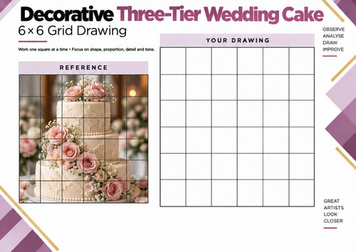 Decorative Three-Tier Wedding Cake | 6x6 Grid Drawing Worksheet | KS3 KS4 Art