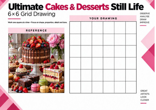 Ultimate Cakes & Desserts Still Life | 6x6 Grid Drawing Worksheet | KS3 KS4 Art