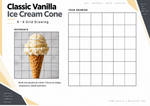 Classic Vanilla Ice Cream Cone Grid Drawing Worksheet | Food Art | KS3 & KS4