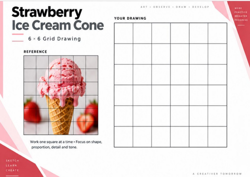 Strawberry Ice Cream Cone Grid Drawing Worksheet | Observational Food Art | KS3 KS4