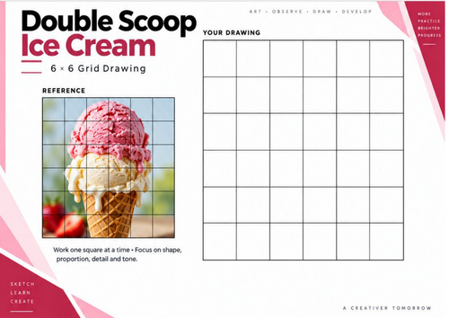 Double Scoop Ice Cream Grid Drawing Worksheet | Food Art Drawing | KS3 & KS4
