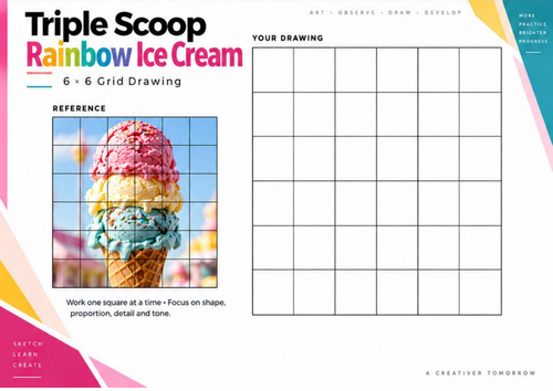 Triple Scoop Rainbow Ice Cream Grid Drawing Worksheet | Colourful Food Art | KS3 KS4