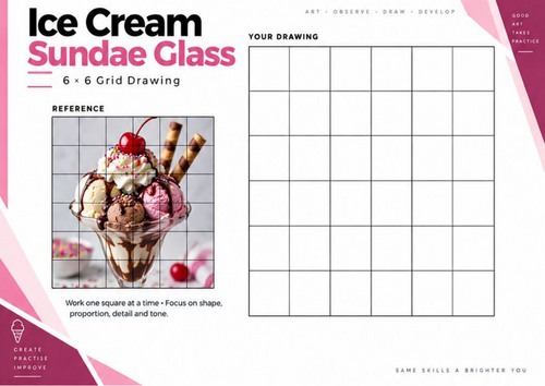 Ice Cream Sundae Glass Grid Drawing Worksheet | Food Still Life Art | KS3 KS4