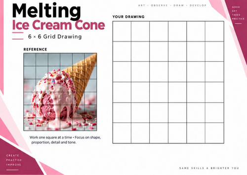 Melting Ice Cream Cone Grid Drawing Worksheet | Food Still Life Drawing | KS3 KS4