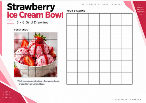 Strawberry Ice Cream Bowl Grid Drawing Worksheet | Food Art Still Life | KS3 KS4