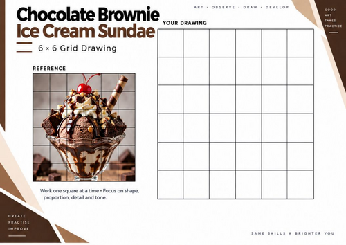 Chocolate Brownie Ice Cream Sundae Grid Drawing Worksheet | Food Art | KS3 KS4