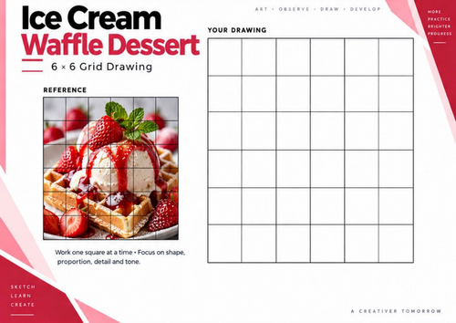 Ice Cream Waffle Dessert Grid Drawing Worksheet | Food Still Life Art | KS3 KS4