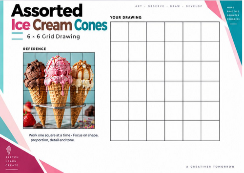 Assorted Ice Cream Cones Grid Drawing Worksheet | Food Still Life Drawing | KS3 KS4