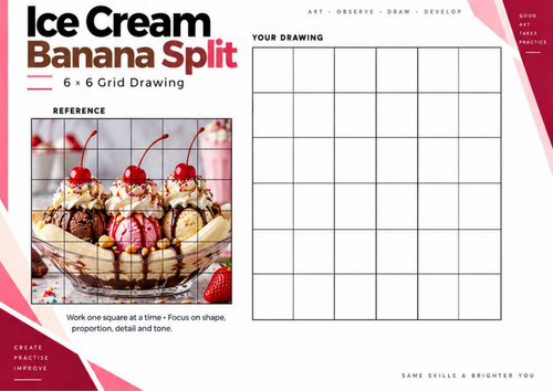 Ice Cream Banana Split Grid Drawing Worksheet | Dessert Still Life Art | KS3 KS4
