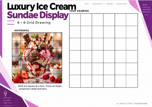 Develop detailed food still life drawing skills with this Ice Cream Banana Split Grid Drawing Worksh