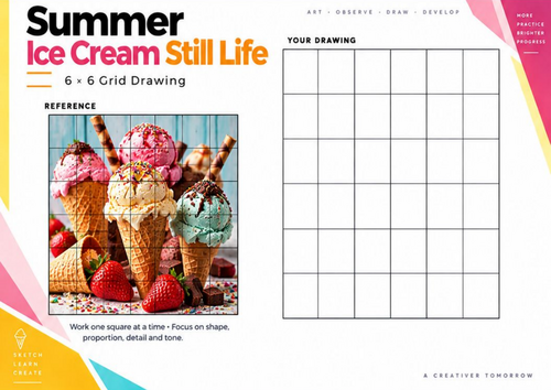 Summer Ice Cream Still Life Grid Drawing Worksheet | Food Art | KS3 & KS4