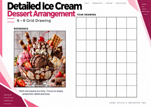 Detailed Ice Cream Dessert Arrangement Grid Drawing Worksheet | Food Art | KS3 KS4
