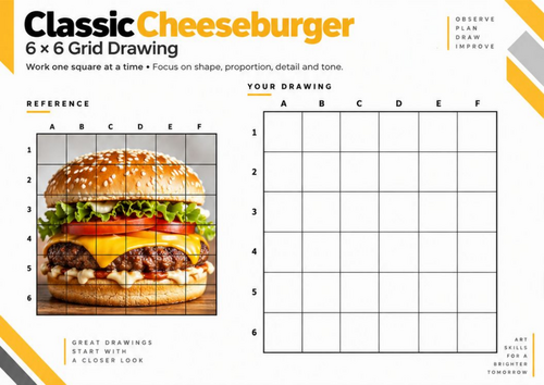 Classic Cheeseburger Grid Drawing Worksheet | 6 × 6 Observational Drawing | KS3 & KS4 Art