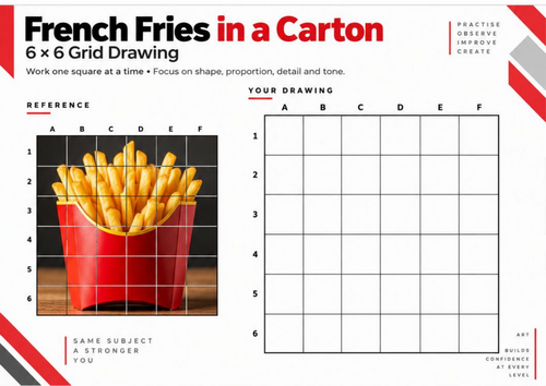 French Fries in a Carton Grid Drawing Worksheet | 6 × 6 Drawing Activity | KS3 & KS4 Art