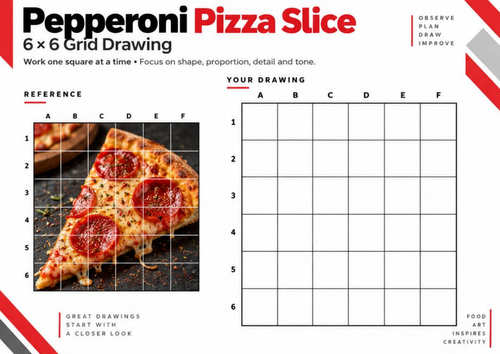 Pepperoni Pizza Slice Grid Drawing Worksheet | 6 × 6 Food Drawing | KS3 & KS4 Art