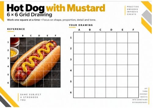 Hot Dog with Mustard Grid Drawing Worksheet | 6 × 6 Observational Drawing | KS3 & KS4 Art