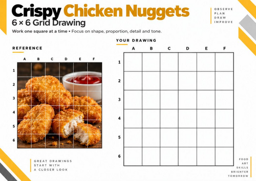 Crispy Chicken Nuggets Grid Drawing Worksheet | 6 × 6 Texture Drawing | KS3 & KS4 Art