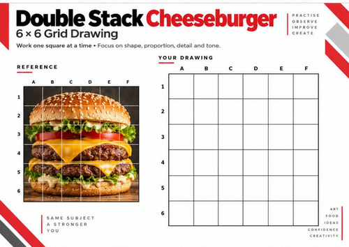 Double Stack Cheeseburger Grid Drawing Worksheet | 6 × 6 Detailed Drawing | KS3 & KS4 Art