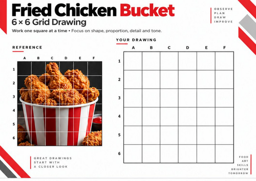 Fried Chicken Bucket Grid Drawing Worksheet | 6 × 6 Food Drawing | KS3 & KS4 Art